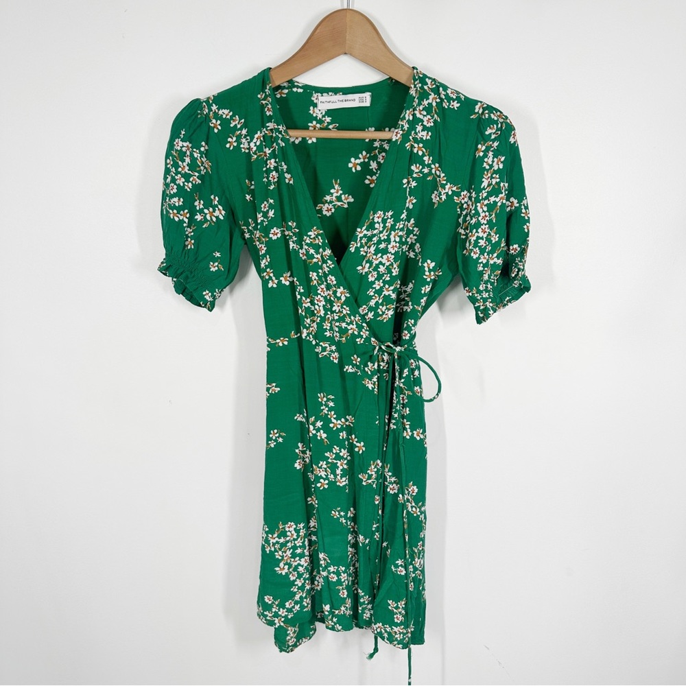 Faithfull the Brand Green Floral Mira Wrap Mini Dress Small - Picture 1 of 6